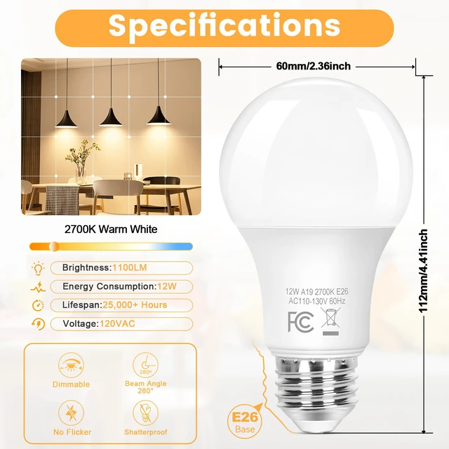 Alt view image 2 of 7 - A19 LED Light Bulbs, 100 Watt Equivalent e26 dimmable led Bulb, Energy Efficient 12W, Soft White 2700K, 1100 Lumens, A19 LED Bulb for Bedroom Living Room Home Office Lamp, 8-Pack
