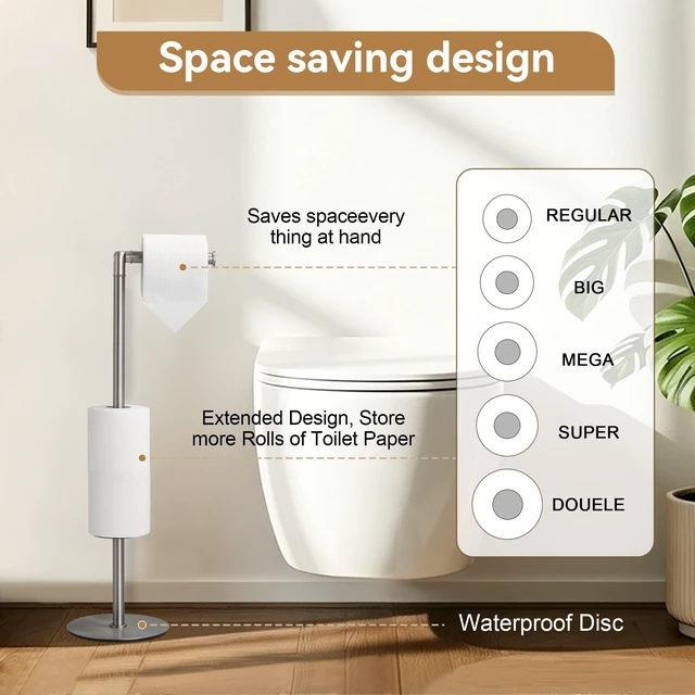 Alt view image 3 of 7 - Freestanding Toilet Paper Holder, Tissue Holder On Floor with Reserve Storage Paper Rolls, Roll Paper Holder Standing On Floor (Brushed Nickel)