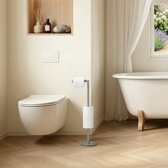 Alt view image 4 of 7 - Freestanding Toilet Paper Holder, Tissue Holder On Floor with Reserve Storage Paper Rolls, Roll Paper Holder Standing On Floor (Brushed Nickel)