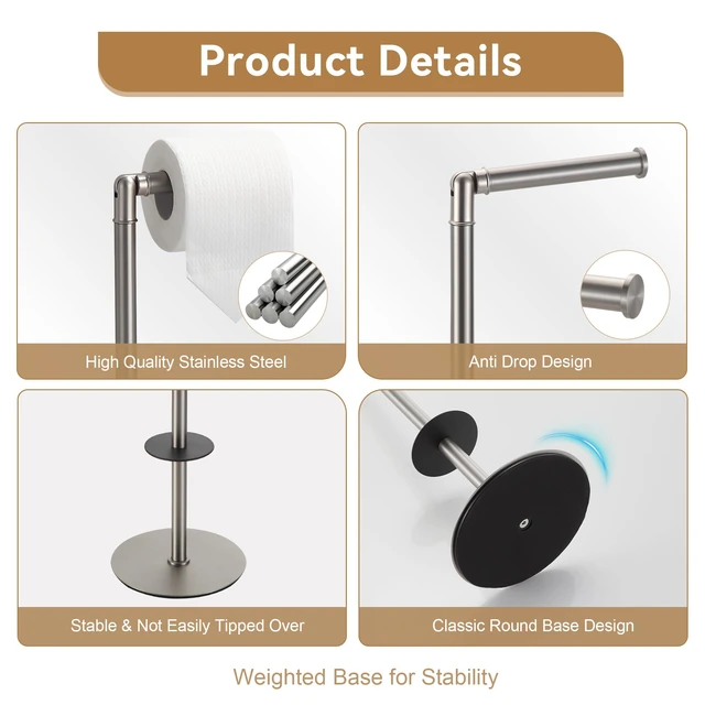 Alt view image 6 of 7 - Freestanding Toilet Paper Holder, Tissue Holder On Floor with Reserve Storage Paper Rolls, Roll Paper Holder Standing On Floor (Brushed Nickel)