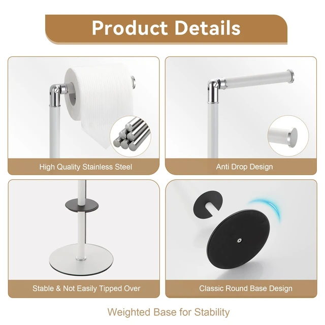 Alt view image 6 of 7 - Freestanding Toilet Paper Holder, Tissue Holder On Floor with Reserve Storage Paper Rolls, Roll Paper Holder Standing On Floor (White)