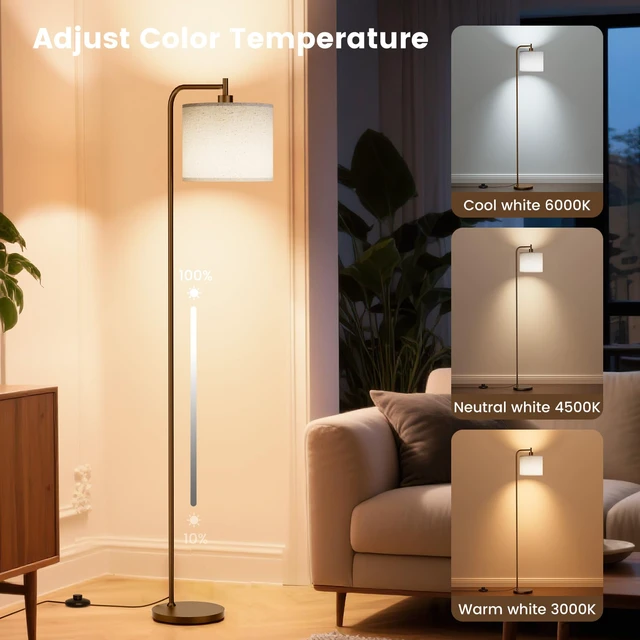Alt view image 2 of 7 - Floor Lamp for Living Room, Tall Standing Lamp with Linen Shade Dimmable with Remote Control, 3 Color Temperatures, 9W LED Bulb Included, Ideal for Bedroom, Office and Reading Corner