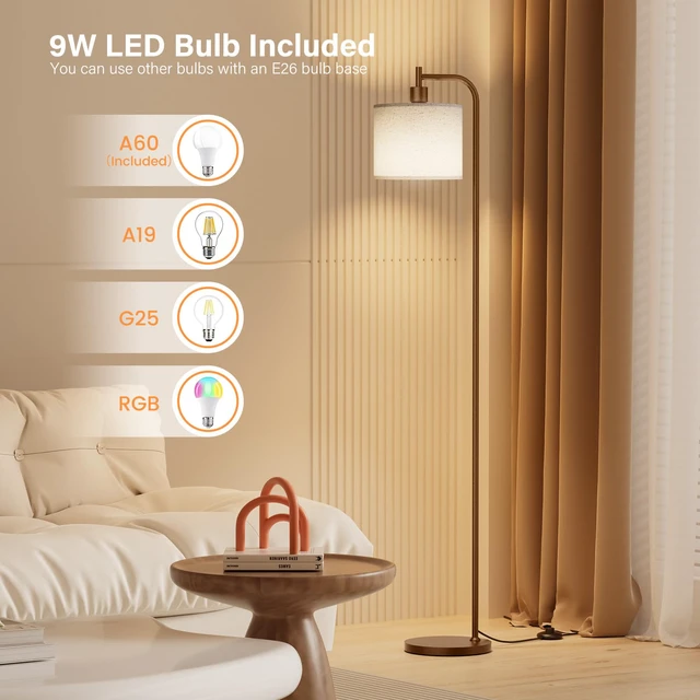 Alt view image 6 of 7 - Floor Lamp for Living Room, Tall Standing Lamp with Linen Shade Dimmable with Remote Control, 3 Color Temperatures, 9W LED Bulb Included, Ideal for Bedroom, Office and Reading Corner