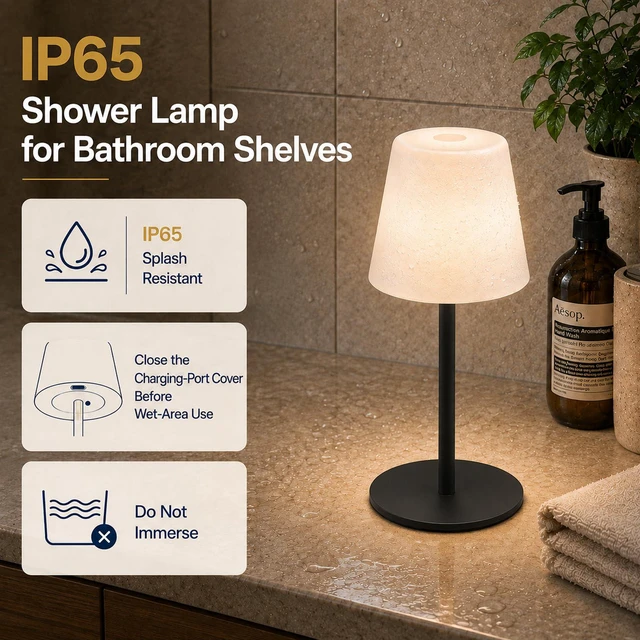Alt view image 2 of 7 - Shower Lamp Rechargeable Waterproof Lamp, Cordless Table Lamp for Bathroom 4000mAh Battery Operated, IP65 Spa-Like Shower Light, Vanity, Bathtub and Outdoor, 3 Color Modes, Touch Dimming, Black