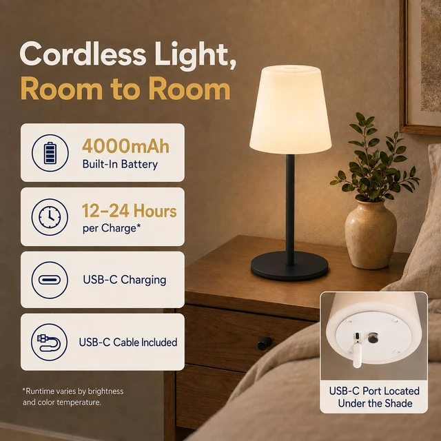 Alt view image 4 of 7 - Shower Lamp Rechargeable Waterproof Lamp, Cordless Table Lamp for Bathroom 4000mAh Battery Operated, IP65 Spa-Like Shower Light, Vanity, Bathtub and Outdoor, 3 Color Modes, Touch Dimming, Black