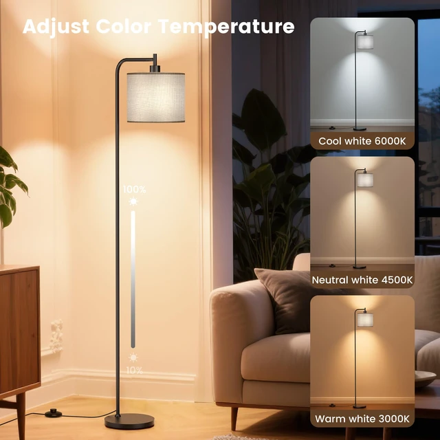 Alt view image 2 of 7 - Floor Lamp for Living Room, Tall Standing Lamp with Linen Shade Dimmable with Remote Control, 3 Color Temperatures, 9W LED Bulb Included, Ideal for Bedroom, Office and Reading Corner
