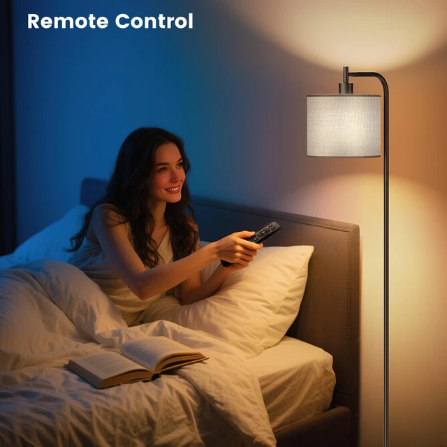 Alt view image 3 of 7 - Floor Lamp for Living Room, Tall Standing Lamp with Linen Shade Dimmable with Remote Control, 3 Color Temperatures, 9W LED Bulb Included, Ideal for Bedroom, Office and Reading Corner