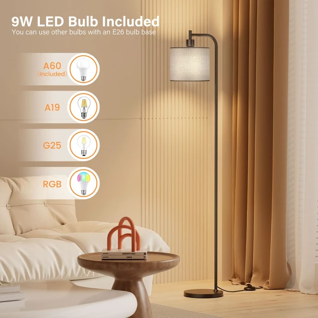 Alt view image 6 of 7 - Floor Lamp for Living Room, Tall Standing Lamp with Linen Shade Dimmable with Remote Control, 3 Color Temperatures, 9W LED Bulb Included, Ideal for Bedroom, Office and Reading Corner