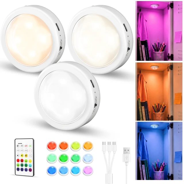 Main image of Rechargeable Locker Lights with Remote, Puck Lights, 2.95'' Mini Tap Lights, Dimmable Closet Light, 16 RGB Colors & 3 Color Temperatures, Stick-On Lights for Kitchen, Shelf (3 Packs)