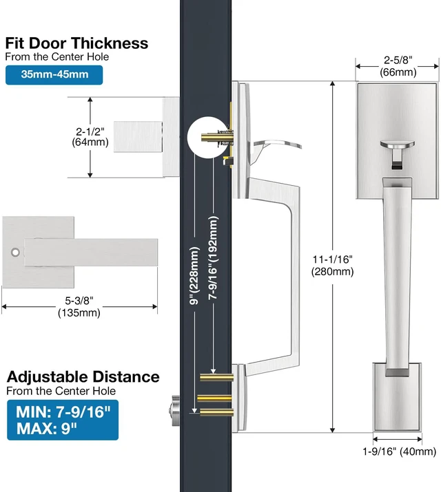 Alt view image 2 of 7 - Satin Nickel Front Door Handle No Lock for Home Entry Door Zinc Alloy, Reversible Exterior Door Handle for Left & Right Handed Door, Lower Half Grip, 35MM-45MM Door Thickness