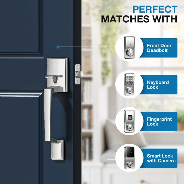 Alt view image 5 of 7 - Satin Nickel Front Door Handle No Lock for Home Entry Door Zinc Alloy, Reversible Exterior Door Handle for Left & Right Handed Door, Lower Half Grip, 35MM-45MM Door Thickness