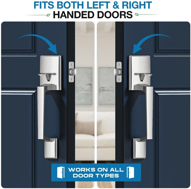 Alt view image 6 of 7 - Satin Nickel Front Door Handle No Lock for Home Entry Door Zinc Alloy, Reversible Exterior Door Handle for Left & Right Handed Door, Lower Half Grip, 35MM-45MM Door Thickness