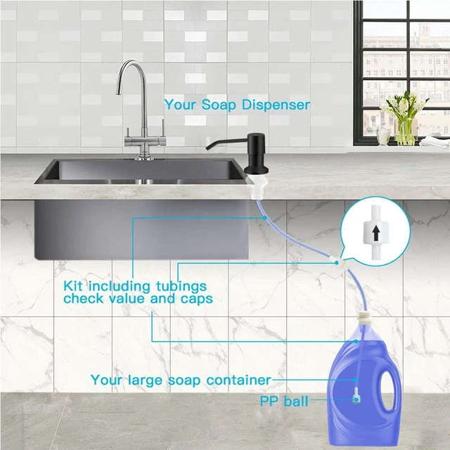 Alt view image 3 of 7 - Dish Soap Dispenser for Kitchen Sink, Countertop Sink Soap Dispenser Water Pump with 47 No-Spill Extension Tube Kit Design for Kitchen Bathroom, Easy to Press, No More Refills Black