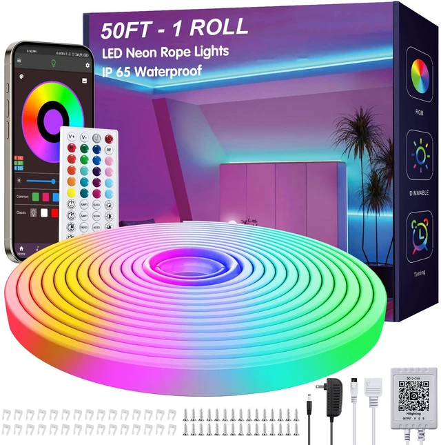 Main image of 50ft RGB Led Neon Rope Lights, Remote App Control Led Rope Lights IP65 Waterproof Neon Strip Lights for Outdoor Music Sync, DIY Design Flexible Led Lights, Led Strip Lights for Bedroom