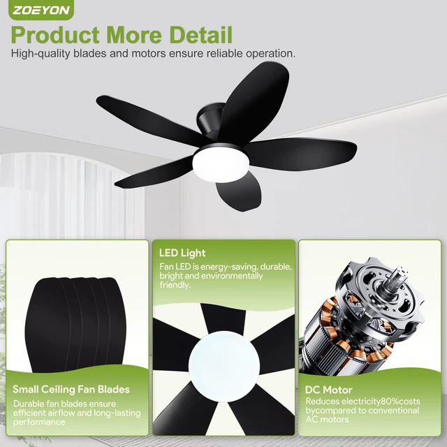 Alt view image 6 of 7 - Small Ceiling Fan with Light - 35 Inch Flush Mount Ceiling Fan with Lights and Remote, Low Profile Ceiling Fans with 5 Reversible Blades, 6 Wind Speeds, Black Ceiling Fans for Bedroom
