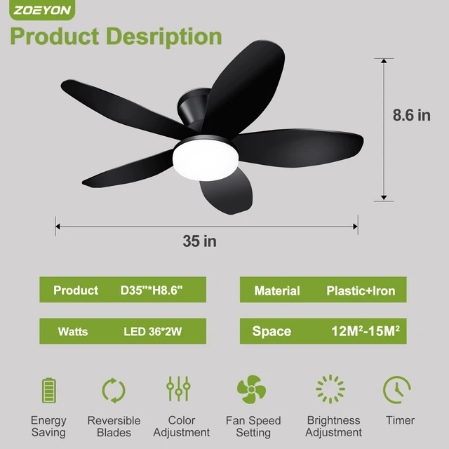 Alt view image 7 of 7 - Small Ceiling Fan with Light - 35 Inch Flush Mount Ceiling Fan with Lights and Remote, Low Profile Ceiling Fans with 5 Reversible Blades, 6 Wind Speeds, Black Ceiling Fans for Bedroom
