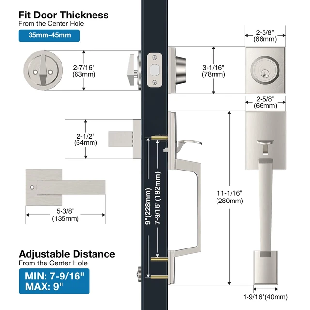Alt view image 3 of 7 - Satin Nickel Front Door Handle and Deadbolt Set for Entry Door Zinc Alloy, Front Door Lock Set, Exterior Door Handle Set, Reversible for Right & Left, Fits 35-45MM Door Thickness