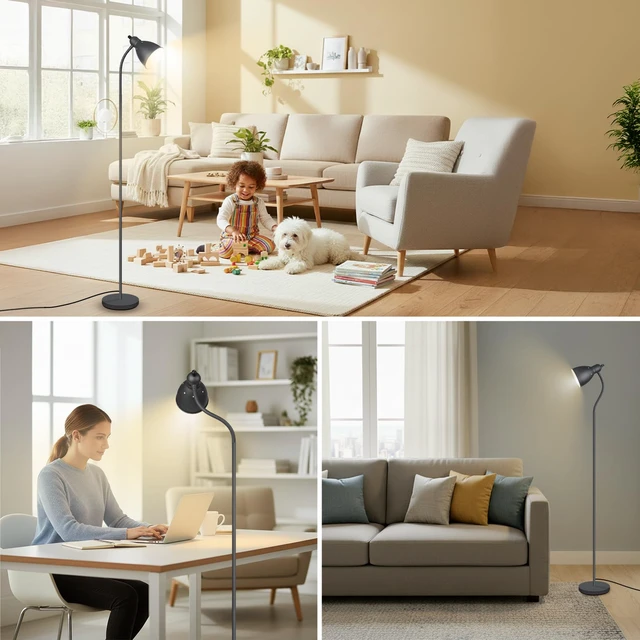 Alt view image 7 of 7 - Floor Lamp, Industrial Floor Lamps for Living Rooms & Bedrooms - Rustic Farmhouse Reading Lamp Standing, Adjustable Metal Heads Indoor Task Lighting for Living Room Office Home Décor (All Duck Black)