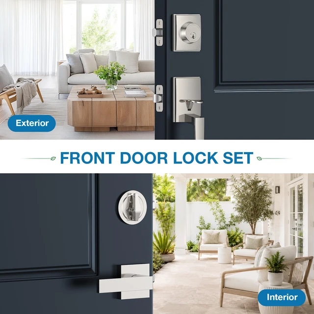 Alt view image 6 of 7 - Satin Nickel Front Door Handle and Deadbolt Set for Entry Door Zinc Alloy, Front Door Lock Set, Exterior Door Handle Set, Reversible for Right & Left, Fits 35-45MM Door Thickness