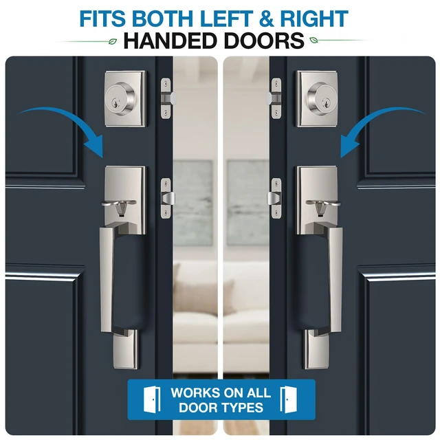 Alt view image 5 of 7 - Satin Nickel Front Door Handle and Deadbolt Set for Entry Door Zinc Alloy, Front Door Lock Set, Exterior Door Handle Set, Reversible for Right & Left, Fits 35-45MM Door Thickness
