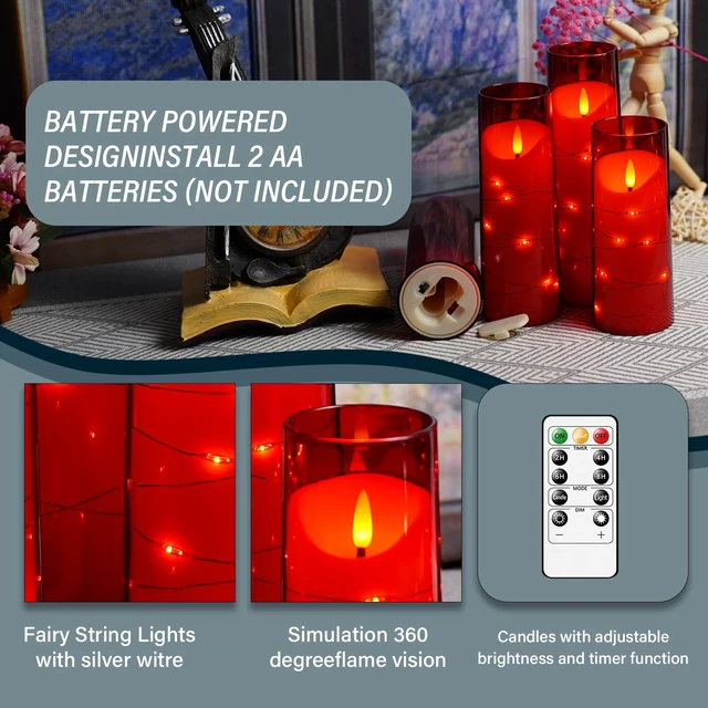 Alt view image 6 of 6 - Flameless Candles with Embedded Star String, Battery Operated LED Pillar Candles with Timer and Remote Control,Home Decorating for Ambiance Set of 9 (Red)