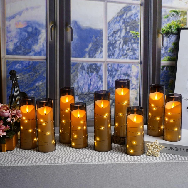 Alt view image 3 of 6 - Flameless Candles with Embedded Star String, Battery Operated LED Pillar Candles with Timer and Remote Control,Home Decorating for Ambiance Set of 9(Grey)