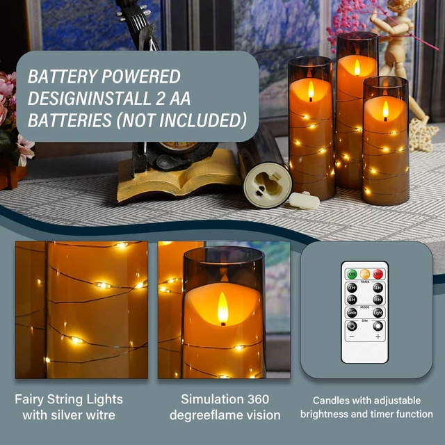 Alt view image 6 of 6 - Flameless Candles with Embedded Star String, Battery Operated LED Pillar Candles with Timer and Remote Control,Home Decorating for Ambiance Set of 9(Grey)