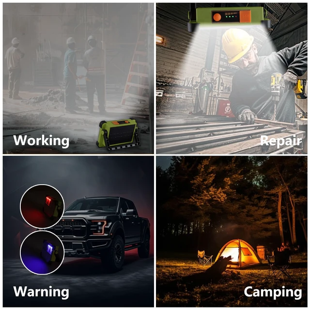 Alt view image 7 of 7 - 120W Solar Rechargeable Work Light, 144 LED Portable Flood Light with Stand, IP66 Waterproof 4 Modes LED Job Site Lighting Flashlights for Mechanic Camping Fishing Car Repair