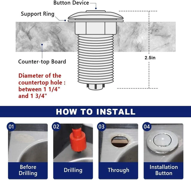 Alt view image 4 of 7 - Garbage Disposal Switch, Cordless Air On Off Kit for Food Waste Disposer, Stainless Steel Brushed Nickel, SHORT 2.5" Sink Top Push Button by