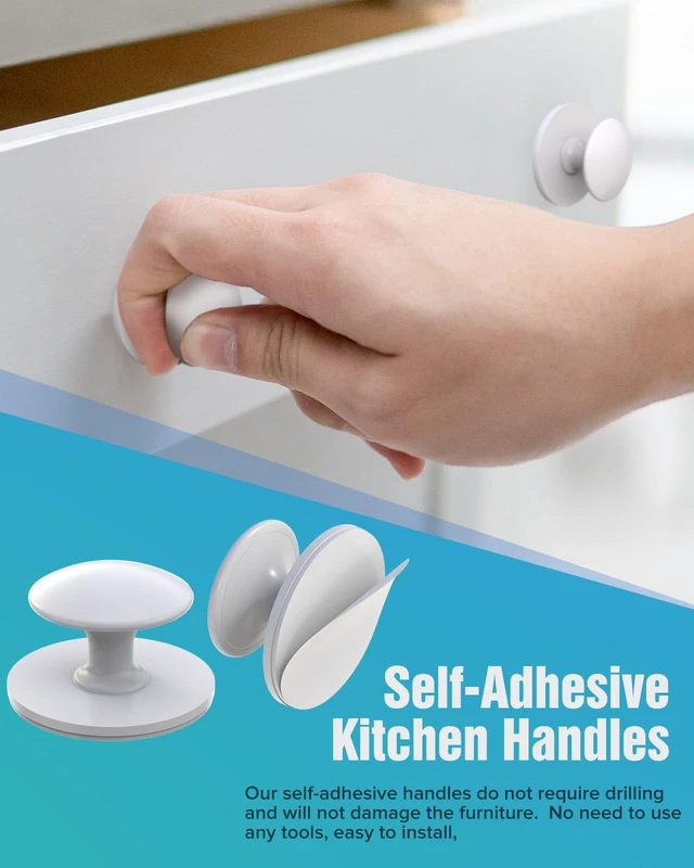 Alt view image 4 of 7 - 20 Pack White Self-Adhesive Cabinet Knobs, Self-Stick Hardware Kitchen Cabinet Handles, No-Punch Peel and Stick Drawer Knobs for Refrigerators, Dressers, Windows, Closets