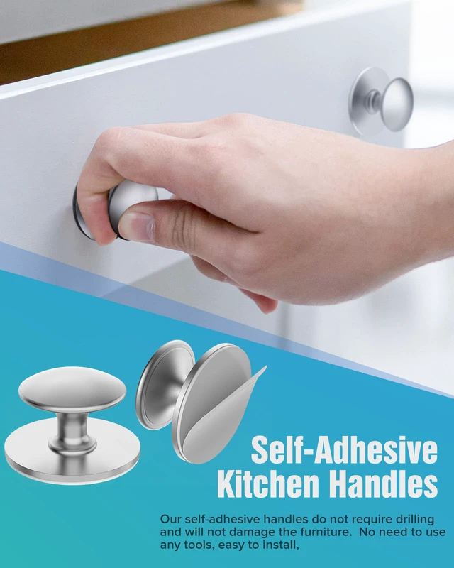 Alt view image 4 of 7 - 20 Pack Silver Self-Adhesive Cabinet Knobs, Self-Stick Hardware Kitchen Cabinet Handles, No-Punch Peel and Stick Drawer Knobs for Refrigerators, Dressers, Windows, Closets