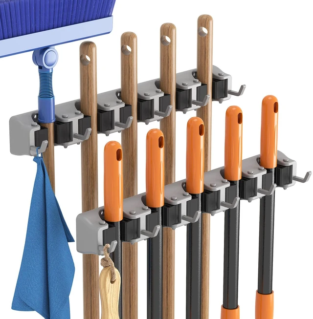 Main image of Mop and Broom Holder Organizer Wall Hanging Mount, Gray, 2 Pack Anti-Slip Broom Storage for Cleaning Organizer, Easy Install Tool Hanging Rack with 5 slots & 6 hooks for Kitchen, Garage