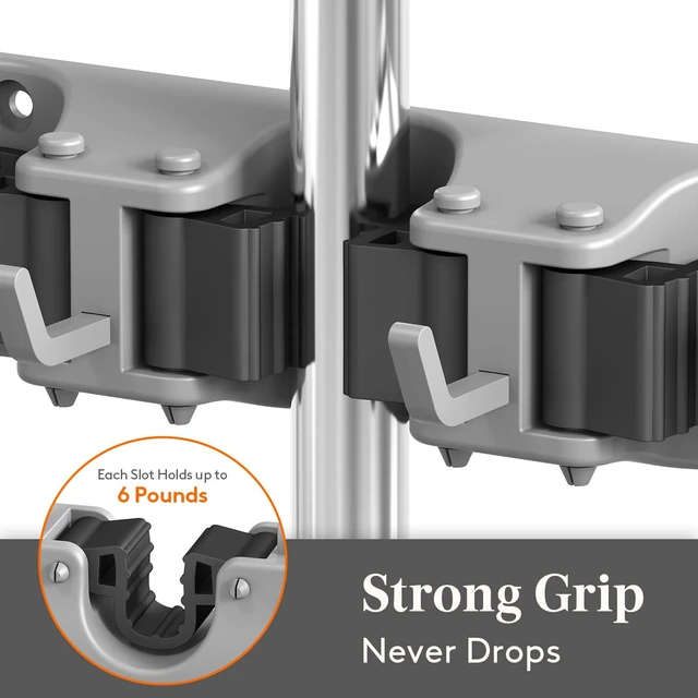 Alt view image 2 of 7 - Mop and Broom Holder Organizer Wall Hanging Mount, Gray, 2 Pack Anti-Slip Broom Storage for Cleaning Organizer, Easy Install Tool Hanging Rack with 5 slots & 6 hooks for Kitchen, Garage