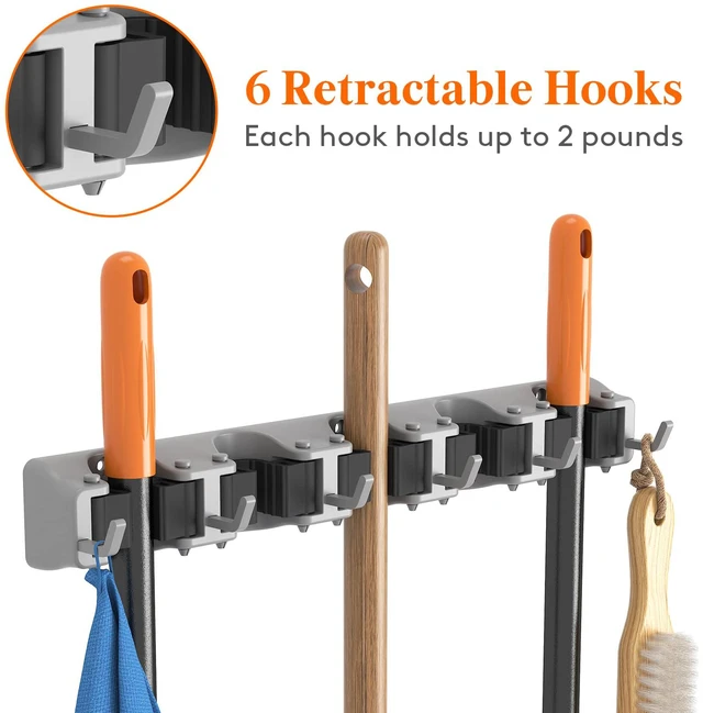 Alt view image 4 of 7 - Mop and Broom Holder Organizer Wall Hanging Mount, Gray, 2 Pack Anti-Slip Broom Storage for Cleaning Organizer, Easy Install Tool Hanging Rack with 5 slots & 6 hooks for Kitchen, Garage