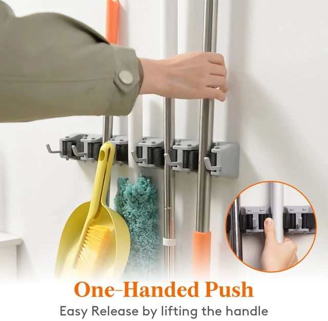 Alt view image 3 of 7 - Mop and Broom Holder Organizer Wall Hanging Mount, Gray, 2 Pack Anti-Slip Broom Storage for Cleaning Organizer, Easy Install Tool Hanging Rack with 5 slots & 6 hooks for Kitchen, Garage