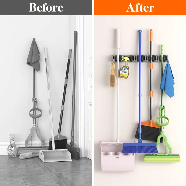Alt view image 5 of 7 - Mop and Broom Holder Organizer Wall Hanging Mount, Gray, 2 Pack Anti-Slip Broom Storage for Cleaning Organizer, Easy Install Tool Hanging Rack with 5 slots & 6 hooks for Kitchen, Garage