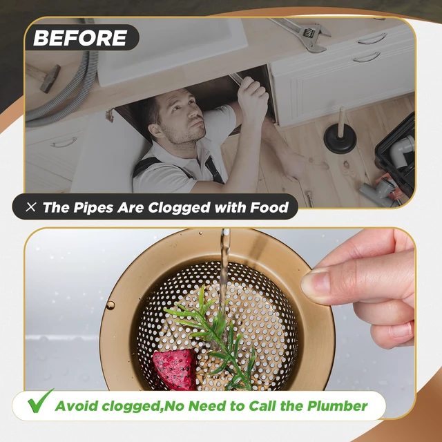 Alt view image 4 of 6 - 3 Pcs Sink Plug Stopper Disposal Drain Strainer,Champagne Bronze Stainless Steel, Universal Fit for Kitchen Drains, Anti-clogging Mesh Basket, Strainer and Plug Stoppers for Garbage Disposal