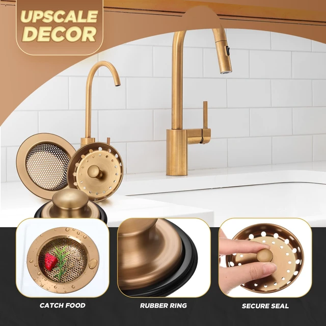 Alt view image 3 of 6 - 3 Pcs Sink Plug Stopper Disposal Drain Strainer,Champagne Bronze Stainless Steel, Universal Fit for Kitchen Drains, Anti-clogging Mesh Basket, Strainer and Plug Stoppers for Garbage Disposal
