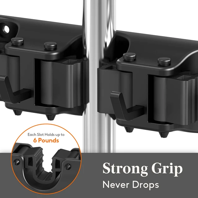 Alt view image 2 of 7 - Mop and Broom Holder Organizer Wall Hanging Mount, Black, 2 Pack Anti-Slip Broom Storage for Cleaning Organizer, Easy Install Tool Hanging Rack with 5 slots & 6 hooks for Kitchen, Garage