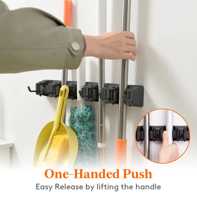 Alt view image 3 of 7 - Mop and Broom Holder Organizer Wall Hanging Mount, Black, 2 Pack Anti-Slip Broom Storage for Cleaning Organizer, Easy Install Tool Hanging Rack with 5 slots & 6 hooks for Kitchen, Garage