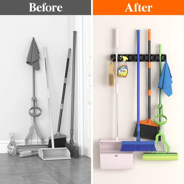 Alt view image 5 of 7 - Mop and Broom Holder Organizer Wall Hanging Mount, Black, 2 Pack Anti-Slip Broom Storage for Cleaning Organizer, Easy Install Tool Hanging Rack with 5 slots & 6 hooks for Kitchen, Garage