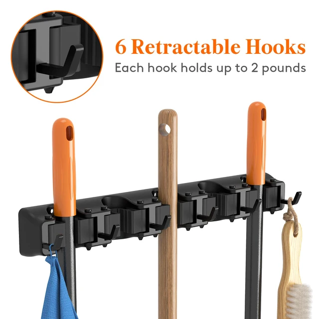 Alt view image 4 of 7 - Mop and Broom Holder Organizer Wall Hanging Mount, Black, 2 Pack Anti-Slip Broom Storage for Cleaning Organizer, Easy Install Tool Hanging Rack with 5 slots & 6 hooks for Kitchen, Garage