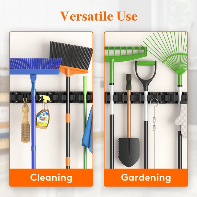 Alt view image 7 of 7 - Mop and Broom Holder Organizer Wall Hanging Mount, Black, 2 Pack Anti-Slip Broom Storage for Cleaning Organizer, Easy Install Tool Hanging Rack with 5 slots & 6 hooks for Kitchen, Garage