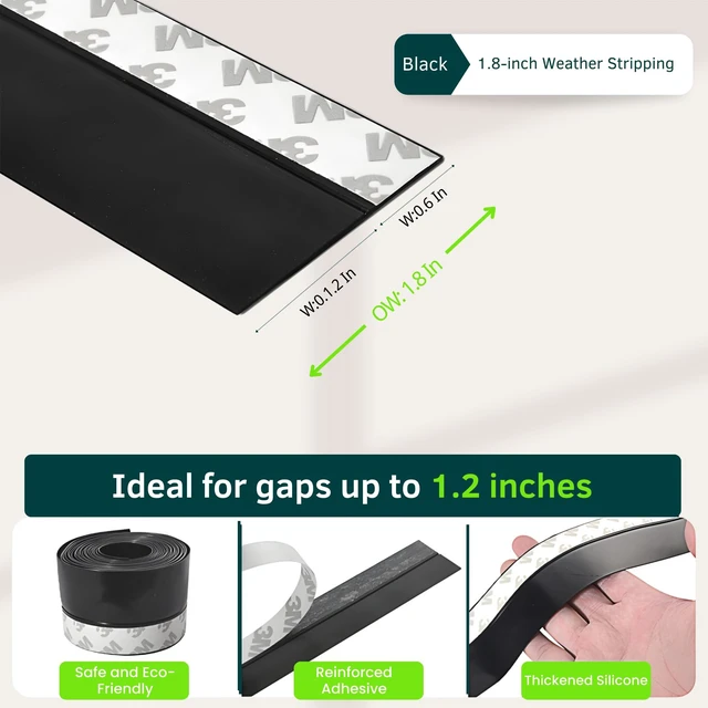Alt view image 3 of 7 - Weather Stripping Door Seal, 1.8in Black Under Door Draft Stopper Silicone Seal Strip For Door Frame Side, Window, Shower Bottom Seal, Strong Adhesive For Weatherproofing And Noise Reduction