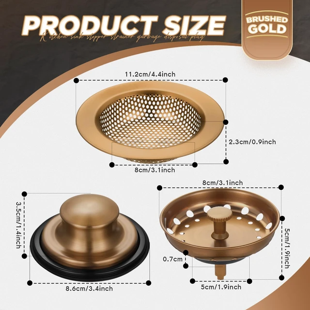 Alt view image 6 of 6 - 3 Pcs Sink Plug Stopper Disposal Drain Strainer,Champagne Bronze Stainless Steel, Universal Fit for Kitchen Drains, Anti-clogging Mesh Basket, Strainer and Plug Stoppers for Garbage Disposal