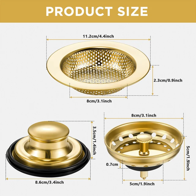 Alt view image 2 of 7 - 3 Pcs Sink Plug Stopper Disposal Drain Strainer,Light Gold Stainless Steel, Universal Fit for Kitchen Drains, Anti-clogging Mesh Basket, Strainer and Plug Stoppers for Garbage Disposal