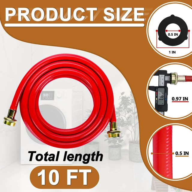 Alt view image 4 of 7 - 10FT Rubber Washing Machine Hoses Burst Proof 2 Pack for Hot and Cold Water 3/4" NPT Connection Water Supply Lines by Fit for ALL Washing Machine
