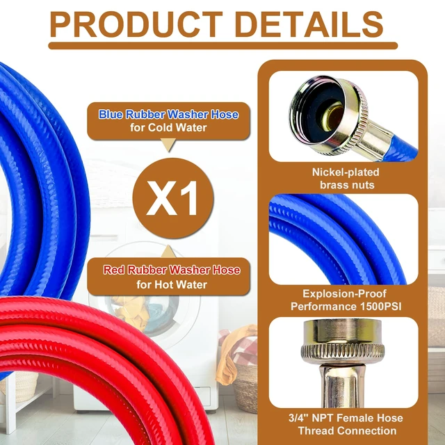 Alt view image 2 of 7 - 10FT Rubber Washing Machine Hoses Burst Proof 2 Pack for Hot and Cold Water 3/4" NPT Connection Water Supply Lines by Fit for ALL Washing Machine
