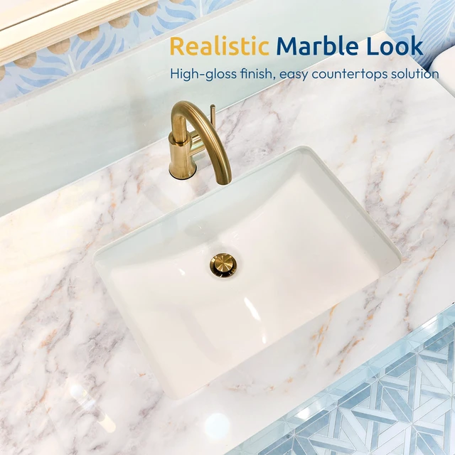 Alt view image 4 of 7 - Glossy Marble Contact Paper Peel and Stick, 17.5" x 236.2" Countertop Furniture Waterpoof Self Adhesive Wallpaper Removable Cover for Kitchen Bathroom Cabinet Drawer Shelf Liner Vinyl