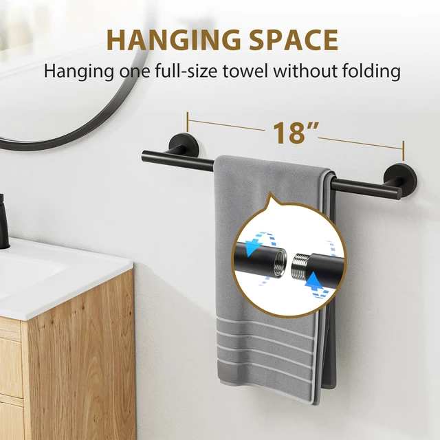 Alt view image 4 of 7 - 18 Inch Matte Black Bathroom Hardware Set, Thicken, 4-Piece Modern Towel Bar Set, Wall Mounted Towel Racks for Bathroom, Durable SUS304 Stainless Steel Bathroom Accessories Set